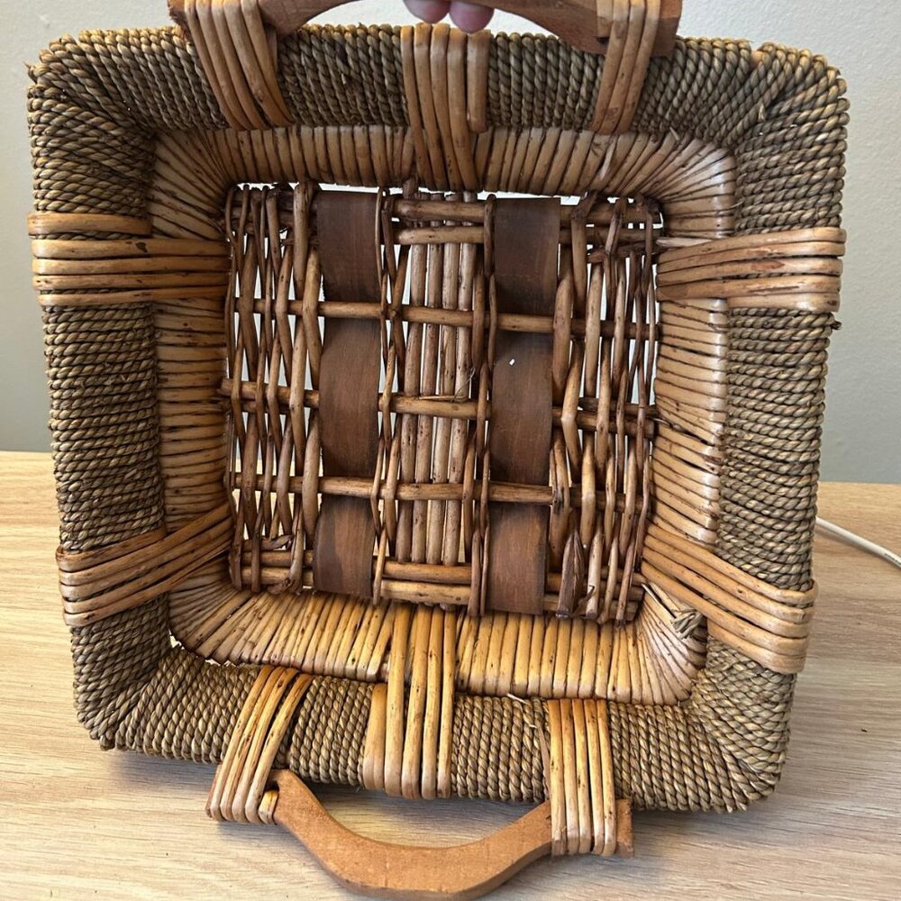 Vintage Hand Weaved Willow Shallow Square Basket Tray With Wood Handles Brown